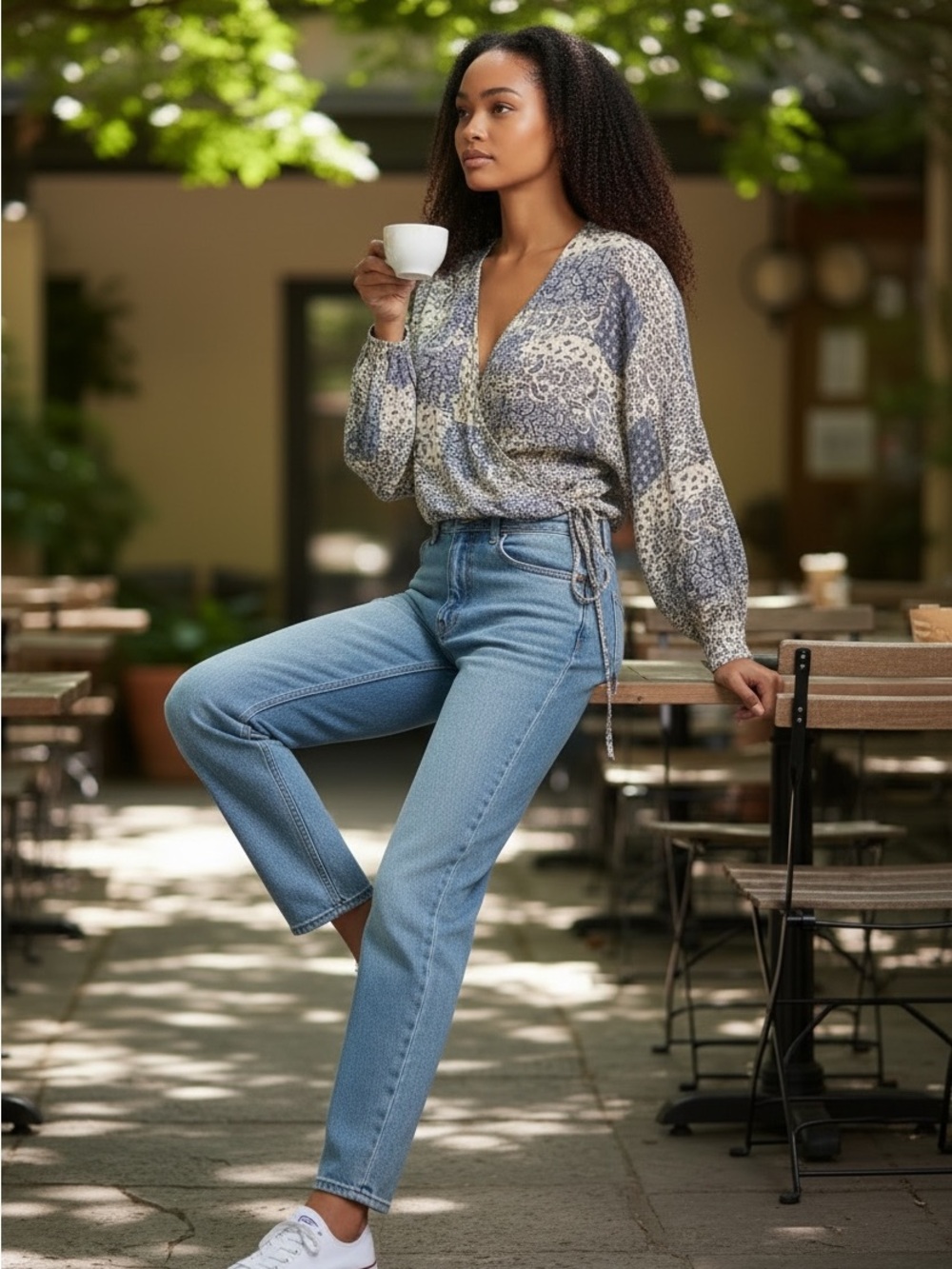 Dress Forum Blue and Cream Printed Wrap Blouse